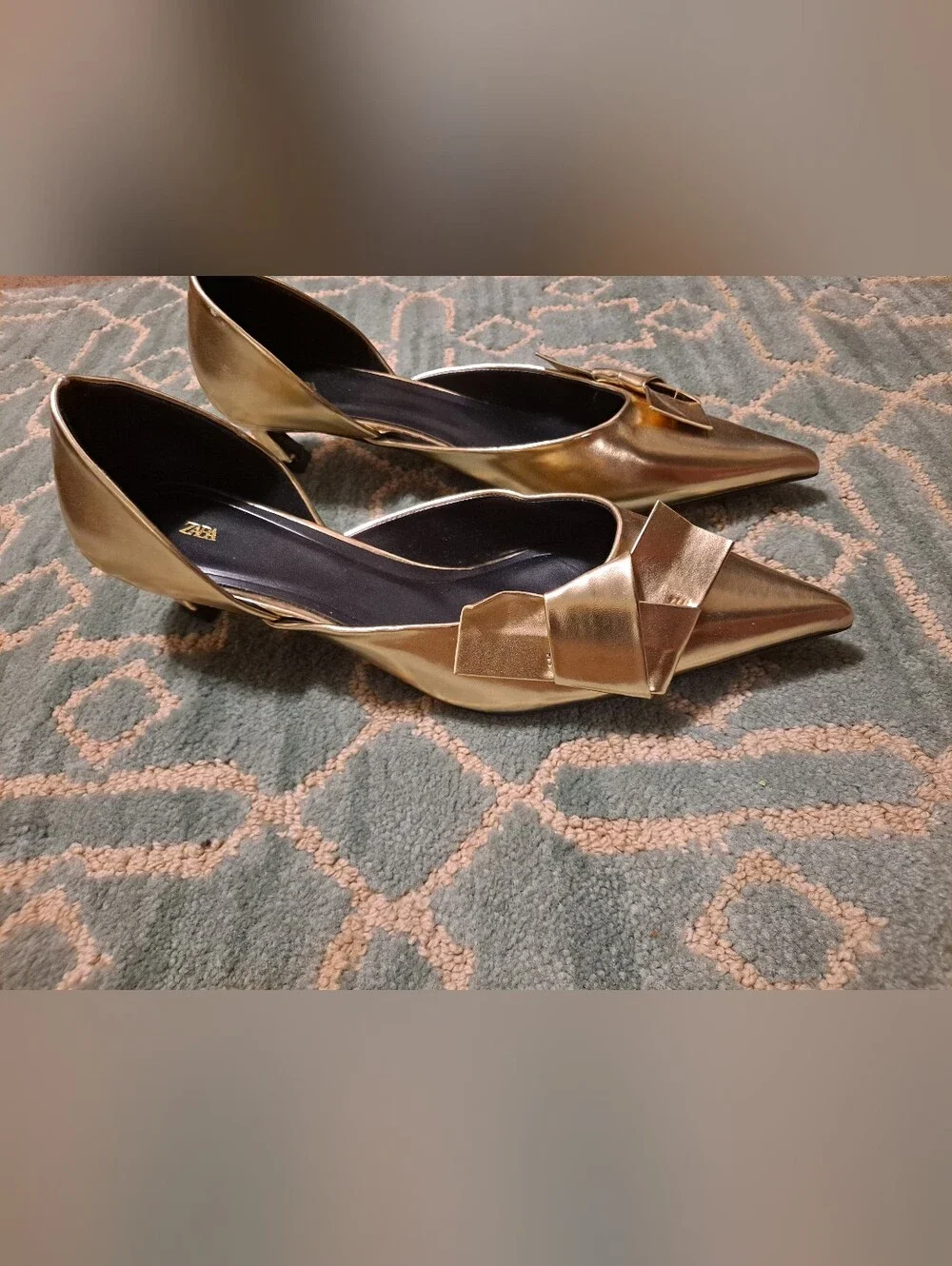 Zara Metallic Gold Pointed Bow D'Orsay With A Kitten Heel